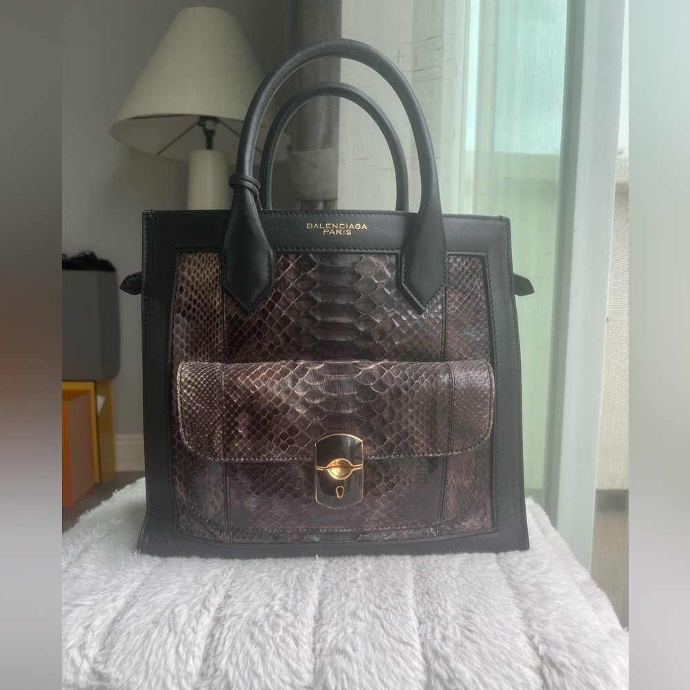 Balenciaga purple snake skin top handle and shoulder bag